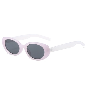 Classic oval sunglasses with lavender frames and white temples on white background