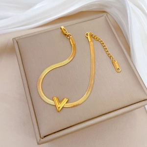 Minimalist gold titanium steel V-letter pendant herringbone chain bracelet for women