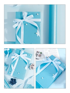 Detail of Tiffany blue gift wrap with white ribbon and decorative pearls in a collage view