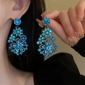 Blue Rhinestone Flower Dangle Earrings With Silver Earring Post Elegant Luxury Floral Cluster Retro Party Jewelry Women