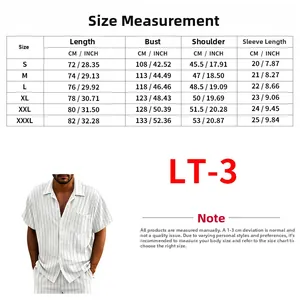 Detailed size chart for men striped short sleeve shirt showing bust and shoulder dimensions