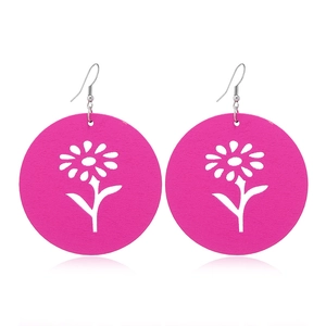 Pink vintage hollow flower wood earrings with geometric round design and silver metal hooks