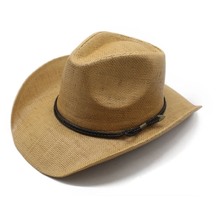 Classic khaki straw western cowboy hat with black braided band and metal accents