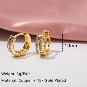 Macro shot of 10mm double-row zircon hoops in 18K gold plated finish with specs