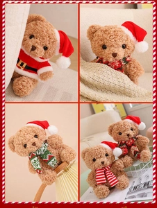Collage of plush Christmas teddy bears in festive outfits and warm home settings
