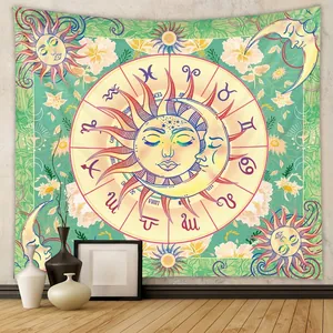 Bohemian Wall Tapestry Sun Moon Zodiac Astrology Mystical Polyester Hanging Cloth For Bedroom Living Room Decor