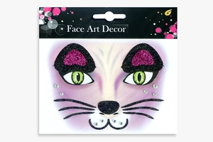 Detail of cat face stickers with black pink glitter and rhinestones for party makeup
