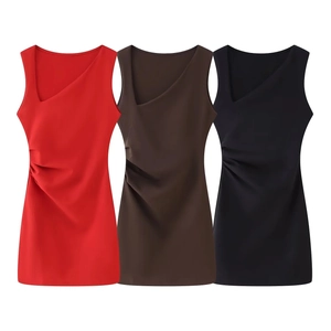 Women Sleeveless V Neck Ruched Mini Dress Polyester Solid Color Slim Fit Elegant Fashion Bodycon Party Dress