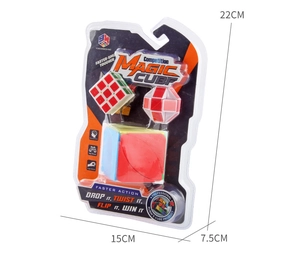 Three-piece magic cube puzzle set in packaging with detailed size dimensions 22x15x7.5cm