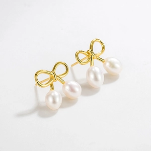 Boucles d'Oreilles Clous Nœud Papillon en Argent Sterling 925 et Perle d'Eau Douce Style Coréen Doux Baroque Femmes