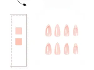 Detail of almond-shaped pink French press-on nails with minimalist white edge design