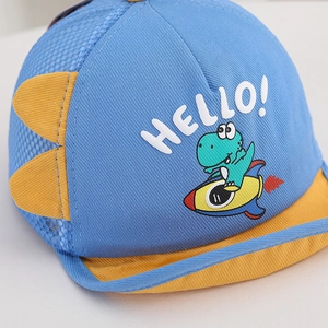 Blue dinosaur print mesh baseball cap with yellow brim for babies and toddlers