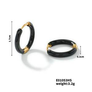 Detailed view of black enamel gold hoop earrings with dimensions 1.7cm and weight 3.2g