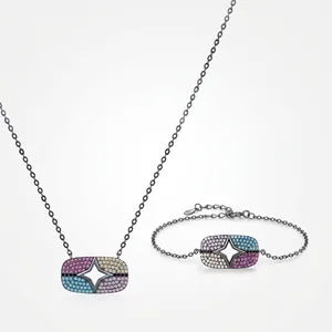 925 Sterling Silver Necklace And Bracelet Jewelry Collection Hollow Star Multi Color Cubic Zirconia Black Plated Women