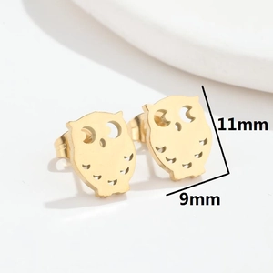 Golden stainless steel owl stud earrings for women, measuring 11mm by 9mm in height