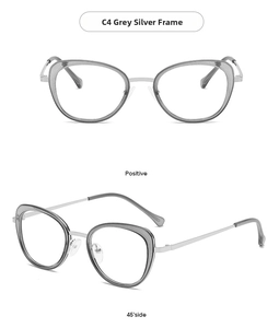 Macro detail of grey silver cat eye metal frame glasses showing front and side views