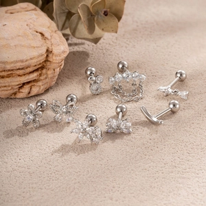 Silver stainless steel cartilage piercings set with micro-inlaid zircon daisy and butterfly