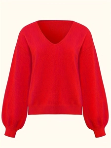 Jersey de mujer rojo con cuello en V, mangas largas abullonadas y puños acanalados