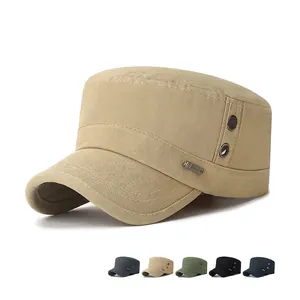 Washed Cotton Twill Flat Top Cadet Cap Breathable Sun Protection Military Hat Adjustable Buckle Casual Men Hat