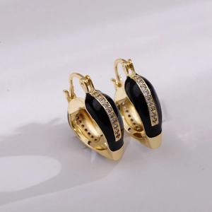 French vintage style gold hoops with black enamel oil drop finish and small zircon accents