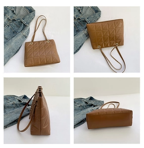 Four views of a brown quilted tote bag with gold chain strap and PU leather texture