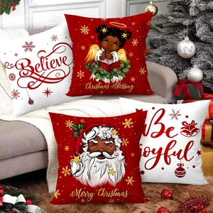 Christmas Pillowcases Decorative Polyester Black Santa Claus Angel Cartoon Printed Festive Sofa Cushion Covers Home Decor