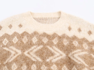 Detailed view of crewneck collar and retro geometric jacquard pattern on fuzzy knit sweater