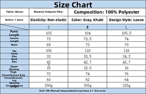 Detailed size chart for women's loose polyester trousers showing waist and length specs