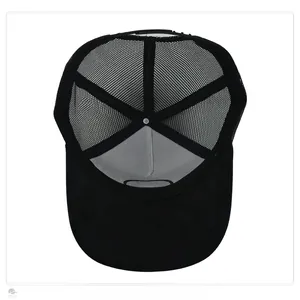 Internal structure of black mesh baseball cap showing breathable net and sweatband