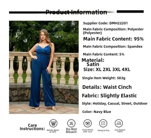 Detail showing high waist cut and navy blue satin fabric texture of this jumpsuit
