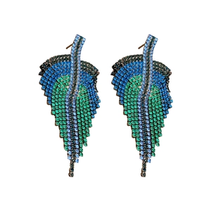 Sparkling leaf-shaped rhinestone drop earrings with blue and green crystals on white back