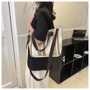Professional model carrying the striped canvas tote bag in a minimalist indoor setting