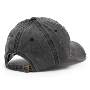 Distressed dark grey baseball cap with side embroidery and metal buckle rear view