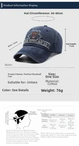 Size chart for washed vintage baseball cap showing brim width and head circumference