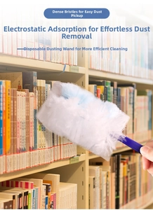 Detail of disposable electrostatic duster cleaning dust between books on a shelf