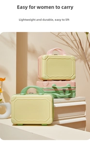 Close-up of pastel 14-inch vanity case with textured surface and durable handle