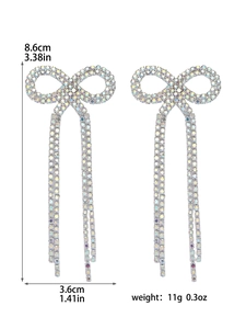 Detailed dimensions of crystal bow tassel earrings showing height 8.6cm and width 3.6cm