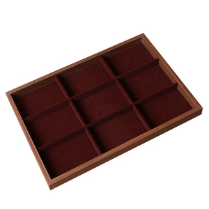 9-slot walnut wood grain jewelry display tray with dark red velvet lining