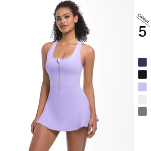 Robe De Tennis Femme Sans Manches Fermeture Éclair Avant Dos Nageur Jupe Évasée Nylon Spandex Combinaison De Sport Respirant