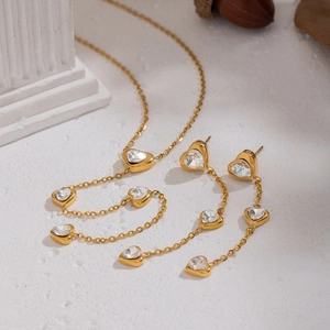 Golden heart zircon tassel necklace and earrings set in minimalist stainless steel