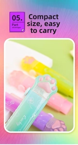 Close-up of cat paw retractable erasers in pastel mint, pink, yellow and purple hues