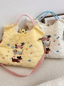 Quilted cartoon dachshund crossbody tote bag with embroidery in yellow and white