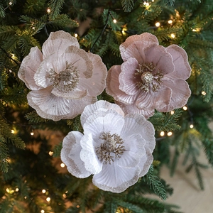 Velvet 18cm Christmas magnolia flowers with glitter trim on decorated festive tree