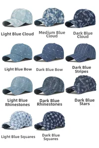 Multiple styles of tie-dye denim baseball caps with embroidery, rhinestones and patterns