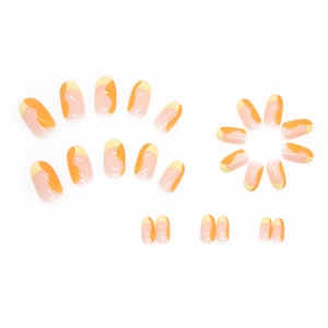 Pink oval press-on nails featuring bright orange and yellow wavy abstract line art