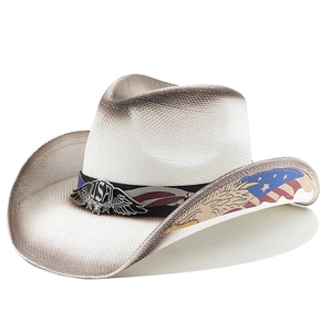 Classic American cowboy hat with USA metal logo and eagle flag print on the brim