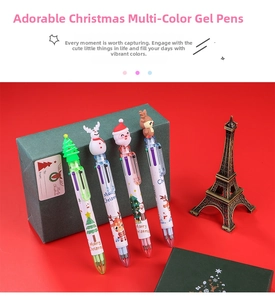Detail of Christmas multi-color ballpoint pens with Santa, Reindeer, and Tree toppers