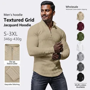 Men Partial Zip Sweatshirt Waffle Knit Jacquard Checkered Stand Collar Long Sleeve Casual Sport Top