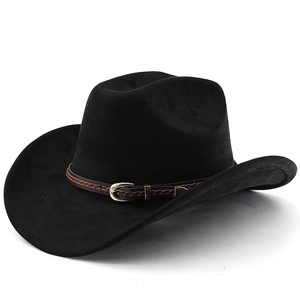 Classic black suede western cowboy hat with brown braided leather band and metal buckle