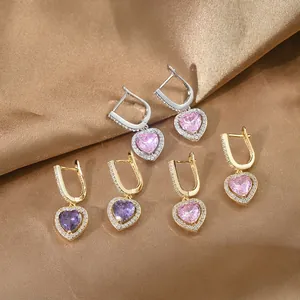 Elegant Copper Heart Drop Earrings Micro Pave Rhinestone Pink Purple Stones Fashion Huggies Jewelry For Women Wedding Party